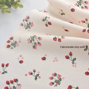 Little Pink Red Strawberry Cotton Fabric On Light Beige Cotton - 1/2 yard