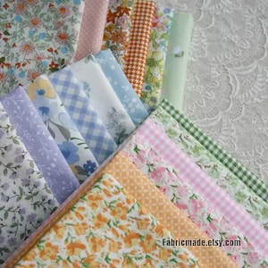 Pink Yellow Blue Lilac Flower Gingham Plaid Cotton Fabric Coordinating Fabric- 1/2 yard