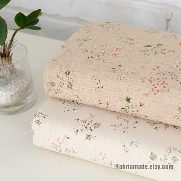 Beige Fabric Little  Floral Fabric Linen Cotton  Fabric Shabby Chic Flower Printed Fabric- Fabric by 1/2 yard