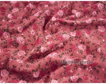 Pink Rose Floral Corduroy Fabric In Dark Pink Cream - 1/2 yard