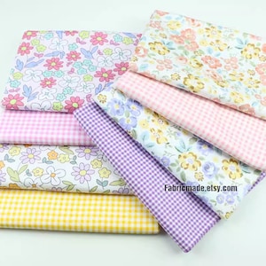 Shabby Chic Pink Yellow Blue Floral Cotton Fabric Coordinated Gingham Cotton for Quilting Dress- 1/2 Yard