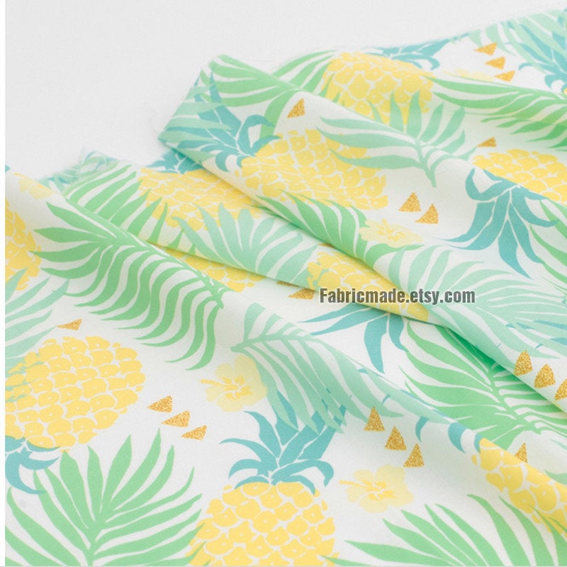 Large Pineapple Green Leaves Linen Fabric For Upholstery Etsy