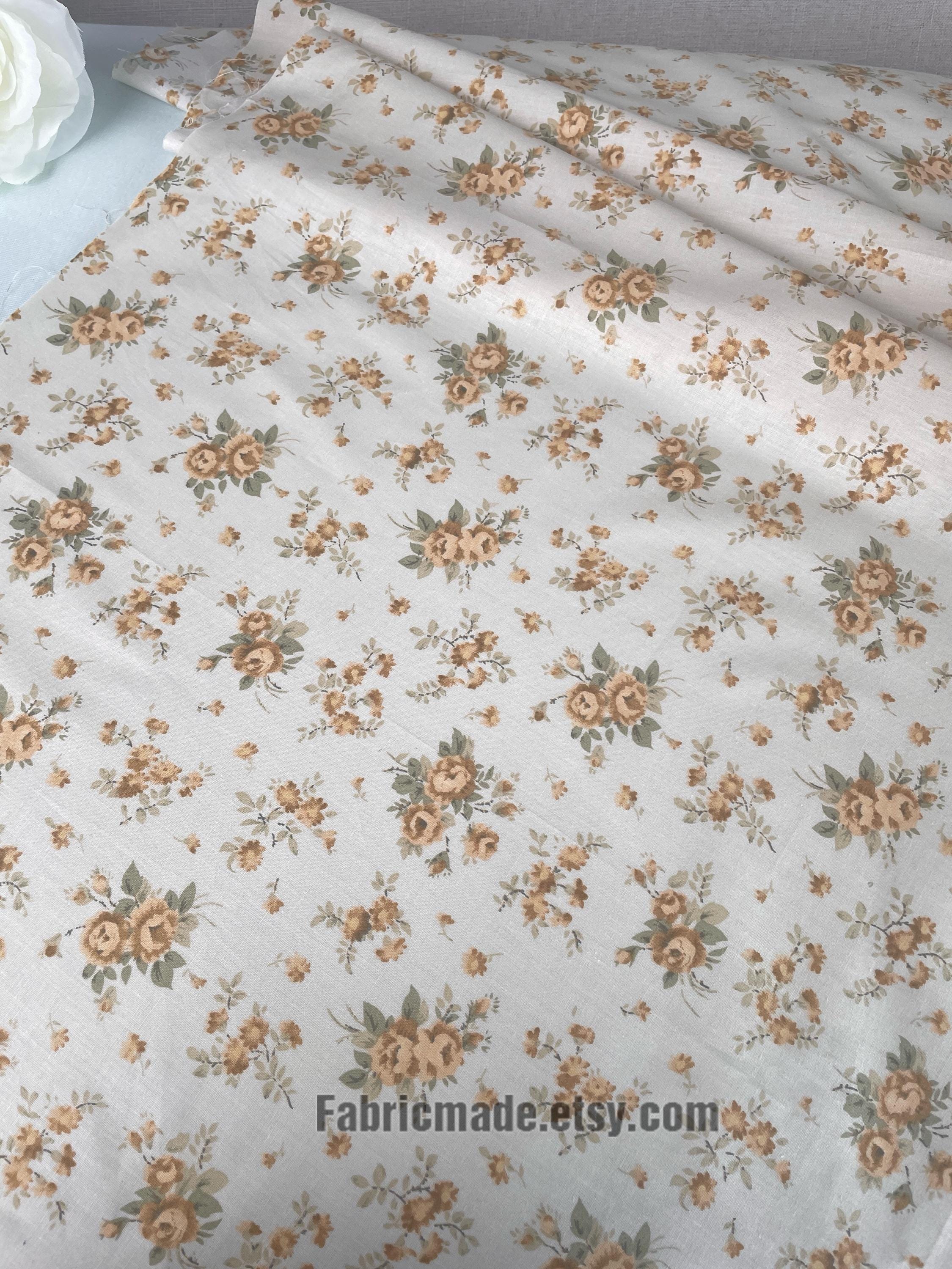 Vintage Rose Floral Cotton Fabric on Beige Pink Blue Yellow Rose Shabby ...