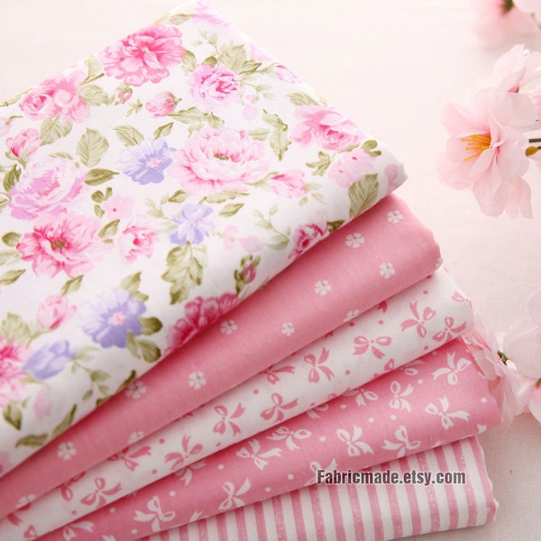 Light Pink Cotton Fabric, Flower Stripe Plain Pink Cotton, Quilting Fabric- 1/2 yard
