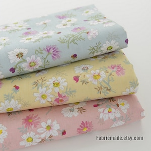 Sale - Daisy Floral Cotton Fabric, White Daisy on Light Blue Yellow Pink Cotton - A Half yard