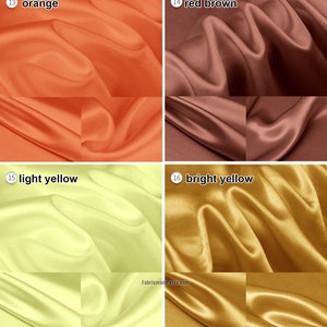 May include: Four swatches of fabric in different colors: orange, red brown, light yellow, and bright yellow. The fabric is a smooth, silky material.