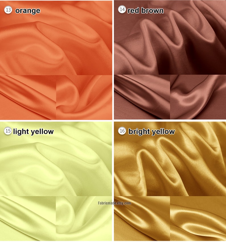 May include: Four swatches of fabric in different colors: orange, red brown, light yellow, and bright yellow. The fabric is a smooth, silky material.