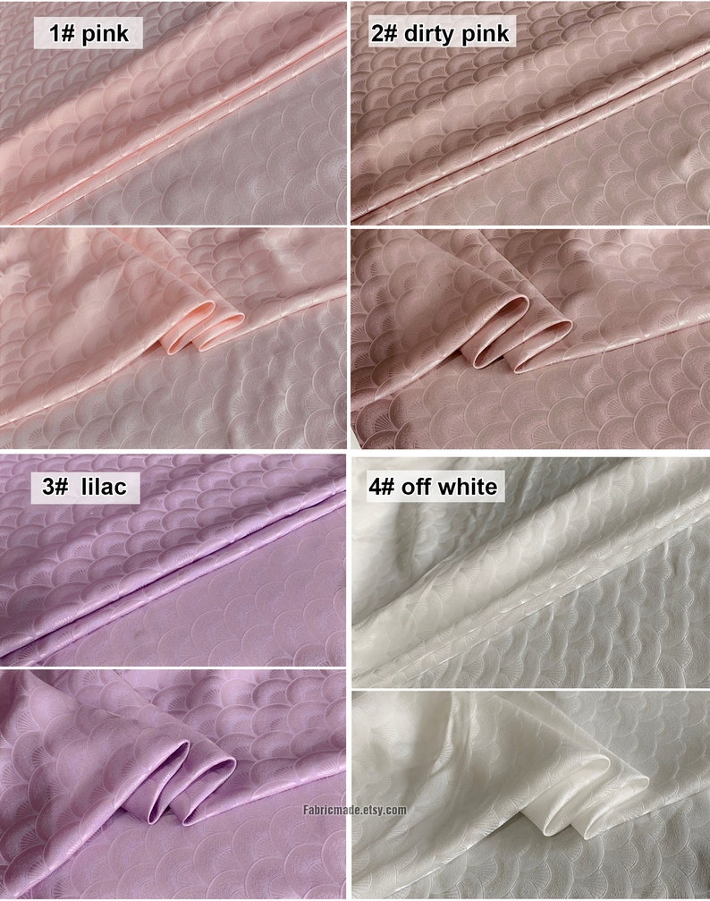 May include: Four fabric swatches with a subtle embossed pattern of overlapping circles. The swatches are in four colors: pink, dirty pink, lilac, and off white.