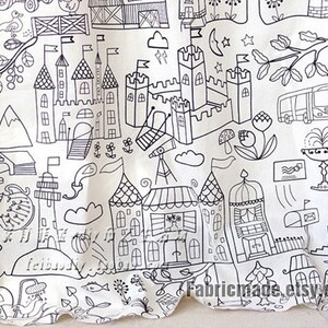 Children Linen Cotton Blend Fabric, Off White Linen With Cute Pencil Sketch Drawing 1/2 yard image 4