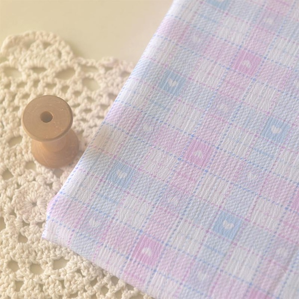 Pastel Pink Blue White Plaid Love Heart Cotton Linen Blend Fabric-1/2 yard