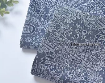 Jacquard Paisley Flower Cotton Fabric Vintage Styles White Floral on Navy Blue Cotton- 1/2 Yard