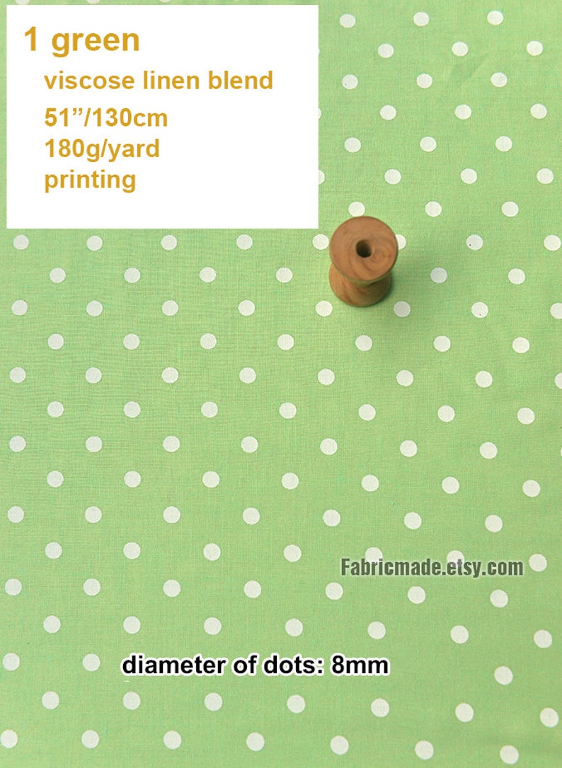 White Polka Dot On Green Yellow Linen Viscose Blend Fabric 1/2 yard 1 green dots