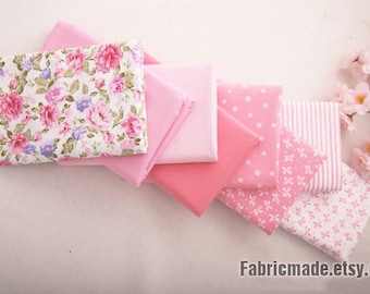 Paquete de retales de tela de algodón rosa – Estampado floral, rayas, costura y acolchado