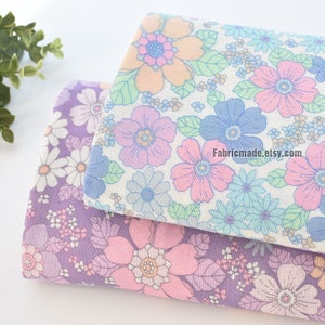 Doppelte Gaze Baumwolle Blau Lila Blumenstoff -1/2 Yard