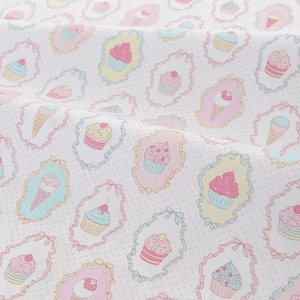 White Cotton With Pastel Ice Cream & Flower Stripes, Quilting Cotton Fabric, Girls Cotton Fabric - 1/2 yard