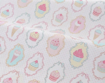 White Cotton With Pastel Ice Cream & Flower Stripes, Quilting Cotton Fabric, Girls Cotton Fabric - 1/2 yard