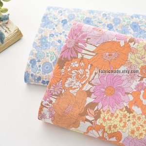 Floral Cotton Blue Orange Chrysanthemum Daisy Flower Cotton - 1/2 Yard