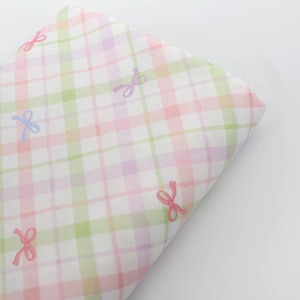 Pastel Bows Gingham Cotton Fabric White Cotton With Pink Green Bowknot Cotton- 1/2 yard