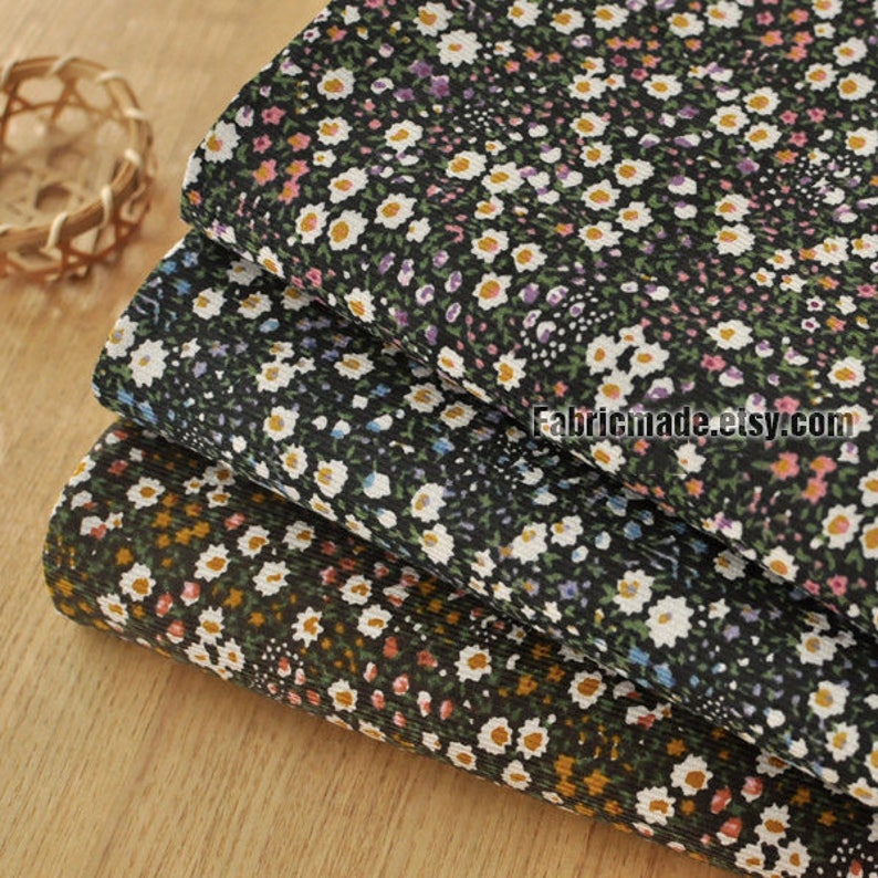 Corduroy Cotton Fabric, Pinstripes Black Brown Corduroy Cotton With Small Daisy Flower Fabric 1/2 yard image 1