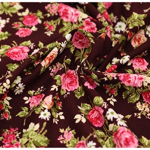 Rose Floral Corduroy Cotton Fabric, Pink Yellow Flower On Brown Black Cotton 1/2 yard image 5