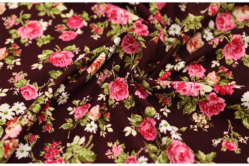 Rose Floral Corduroy Cotton Fabric, Pink Yellow Flower On Brown Black Cotton 1/2 yard image 5