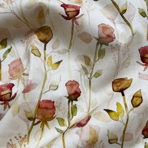 One Yard - Watercolor Roses Floral Cotton Fabric- Fabric By The Yard