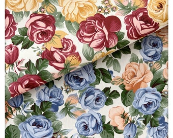Shabby Chick Rose Floral Cotton Fabric Red Blue Yellow Rose Flower Fabric- Fabric 1/2 yard