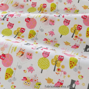 Owls Linen Cotton Fabric Beige With Pink Blue Owls Trees Dandelion - 1/2 yard