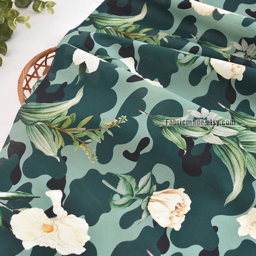 Wild Lily Flower Fabric White Flower on Blackish Green Cotton Etsy