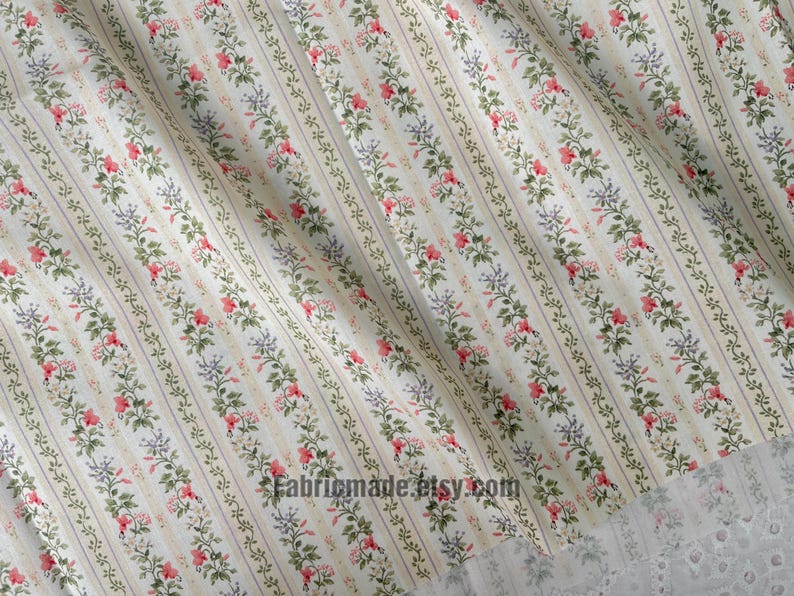 Tiny Floral Garland Round Stripes Flower Cotton Fabric - 1/2 yard 2 stripe beige brown
