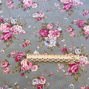 Vintage Rose Cotton Fabric With Shabby Chic Pink Rose Flower On Cream Green Cotton 1/2 yard 2 blackish green