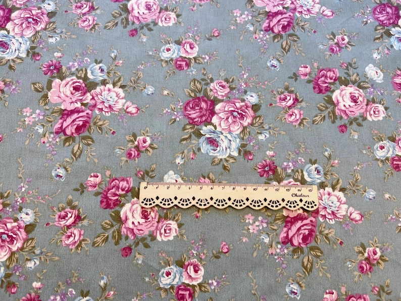 Vintage Rose Cotton Fabric With Shabby Chic Pink Rose Flower On Cream Green Cotton 1/2 yard 2 blackish green