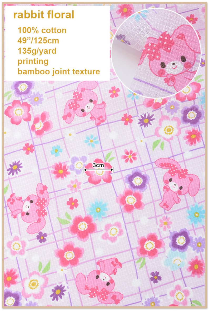 Cartoon Cats Rabbit Floral Cotton Fabric Pink Flower Cotton 12 Yard