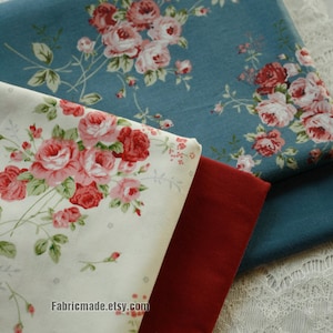 Rose Cotton Fabric Pink Red Rose On  Ivory Blue Cotton Shabby Chic Fabric Coordinating Cotton- 1/2 yard