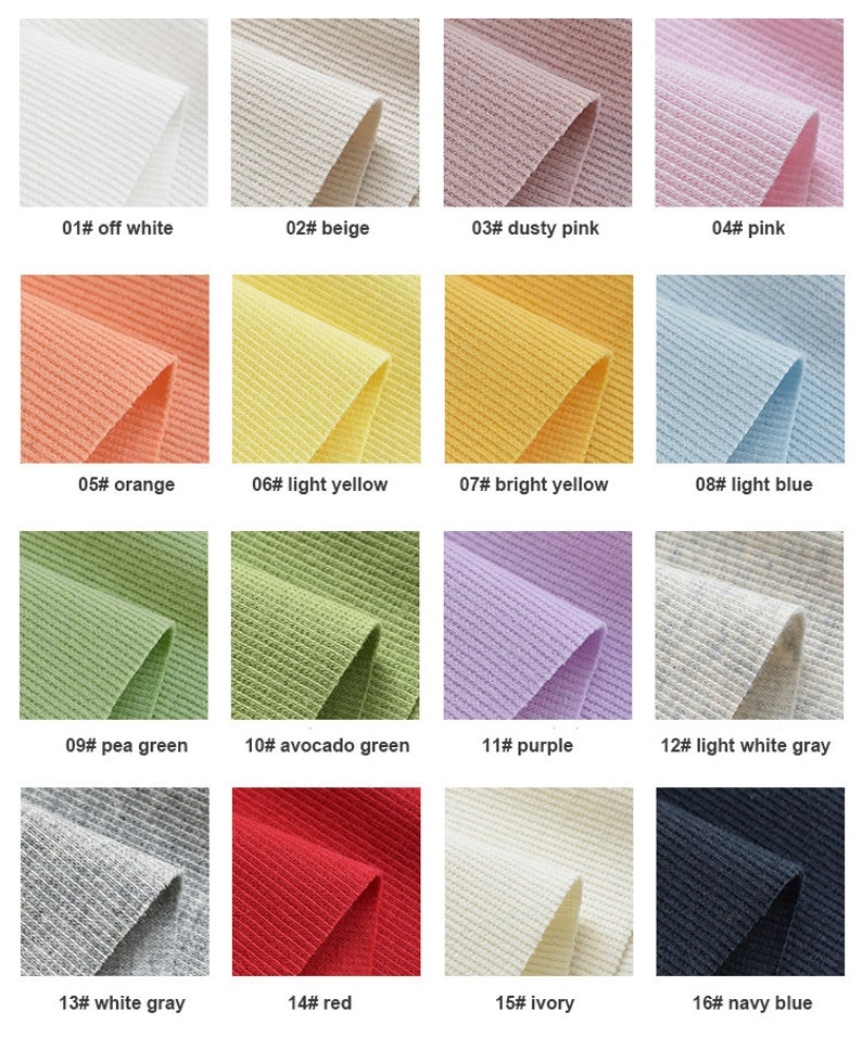 K&ouml;nnte beinhalten: Farbkarte mit 16 verschiedenen Farben von geripptem Stoff. Die Farben sind cremewei&szlig;, beige, staubiges Rosa, rosa, orange, hellgelb, leuchtend gelb, hellblau, erbsengr&uuml;n, avocadogr&uuml;n, lila, hellgrau, grau, rot, elfenbein und marineblau.