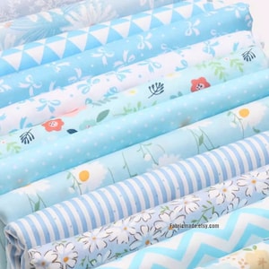 Blue Cotton Fabric, Flower Stripe Plain Pink Cotton, Quilting Fabric- 1/2 yard