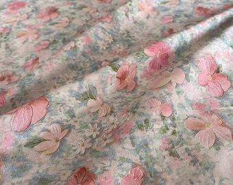 One Yard - Oil Painting Style Pink Floral Cotton Fabric- Fabric By The Yard
