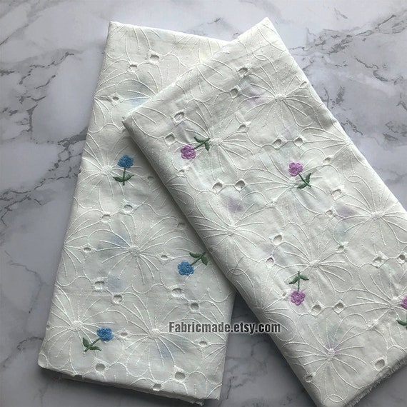 White Cotton Fabric With Embroidered Flower, Eyelet Embroidery