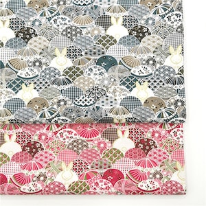 Kimono Style Cute Rabbit Floral Balls Cotton In Grey Gray Red- 1/2 yard