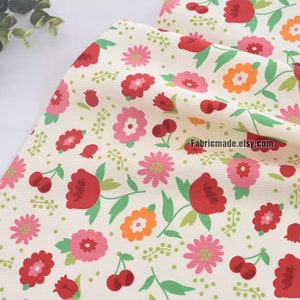 Shabby Chic Red Flower Twill Weave Cotton Fabric - 1/2 Yard
