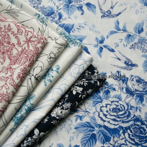 Blue & White Porcelain Rose Peony Flower Cotton Fabric - 1/2 yard