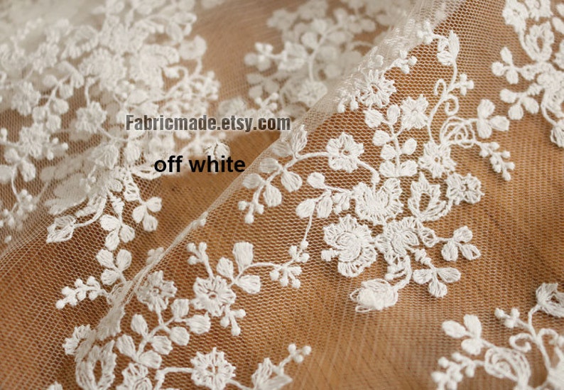 White Beige Wedding Fabric, French Embroidered Lace, Bridal Lace Fabric, wedding Dress Lace, Apparel Curtain Fabric 1/2 yard Lace 2 off white