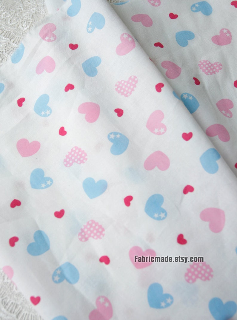 Pink Blue Flower Love Heart Cotton Fabric 1/2 yard 2 love hearts