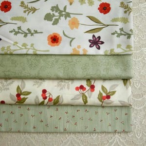 Floral Fabric Coordinate Red Sage Green Flower Cotton Fabric -  1/2 yard