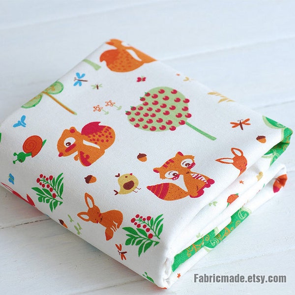 Cartoon Kids Fabric, Cute Bird Fox Squirrel Cotton Linen Fabric, Children Home Decor Fabric -  1/2 yard