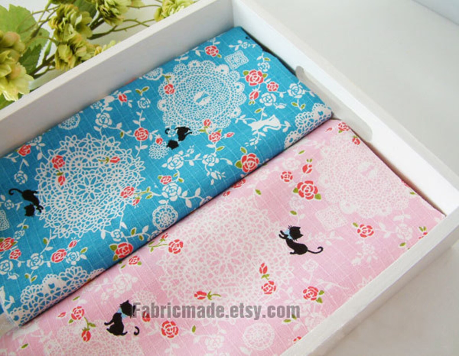 Linen Fabric With Lace Rose Little Cat Linen Cotton Fabric Etsy