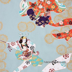 Cotton Fabric, Grey Blue Cotton With Bronzing Dancing Geisha For  Bag Dress - Fabric 1/2 yard