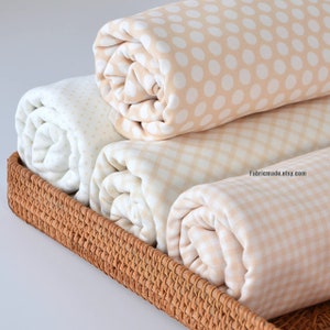 Plaid Polka Dots Jersey Cotton Fabric, Beige White Knit Cotton Fabric For Baby Kids - 1/2 Yard