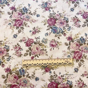 Vintage Rose Cotton Fabric With Shabby Chic Pink Rose Flower On Cream Green Cotton 1/2 yard 1 cream