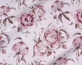 May include: A fabric with a repeating pattern of watercolor peonies in shades of pink and burgundy. The flowers have detailed petals and are set against a white background with brown stems and leaves.